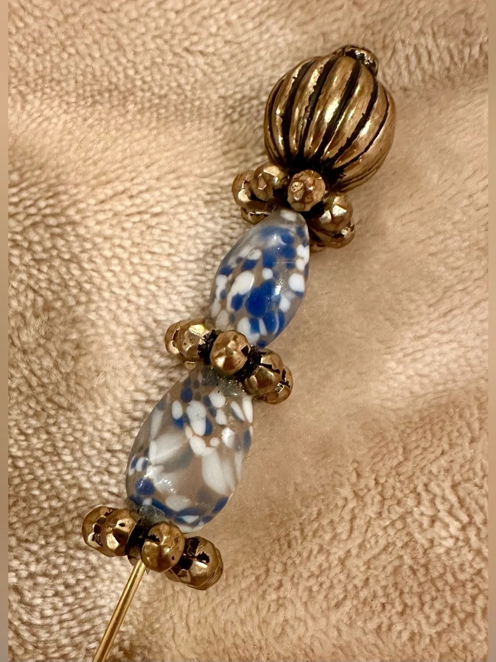 Blue and White Glass Bead Gold-Tone Drop Stick pin with cap